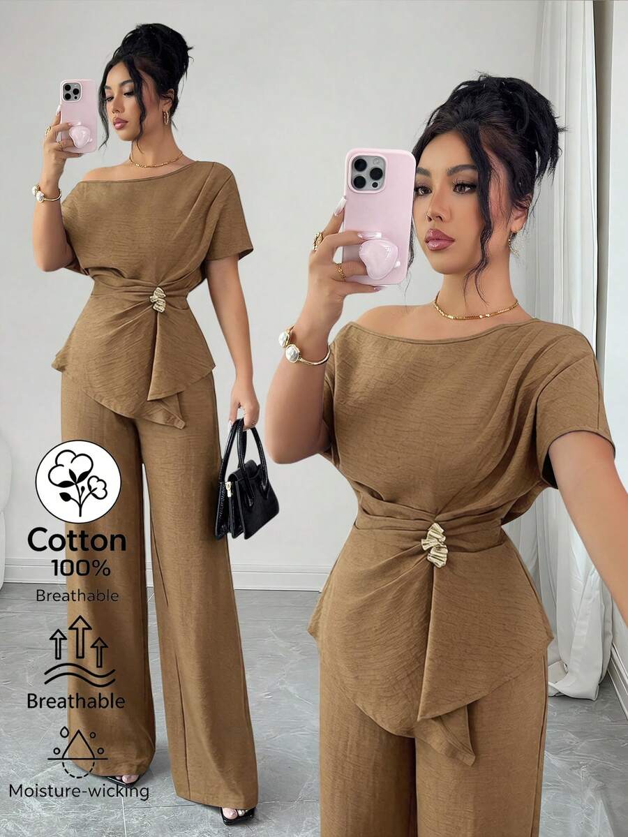 SHEIN Elenzya 都會休閒時尚優雅度假女款春夏不對稱上衣長褲套裝,適合婚禮、早午餐、晚宴派對,咖啡棕色 - 駝色 - 查看 1