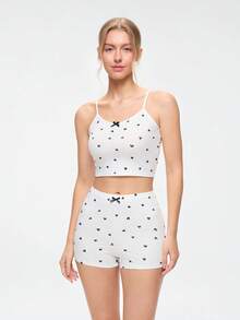 Bonmuse Heart Print Bow Front Cami Top & Shorts PJ Set / Pajama Setfor Summer - Multicolor - View 3