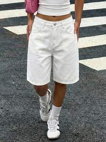 Teen Girl Zipper Button Pocket Low Waist Denim Shorts - White - View 5