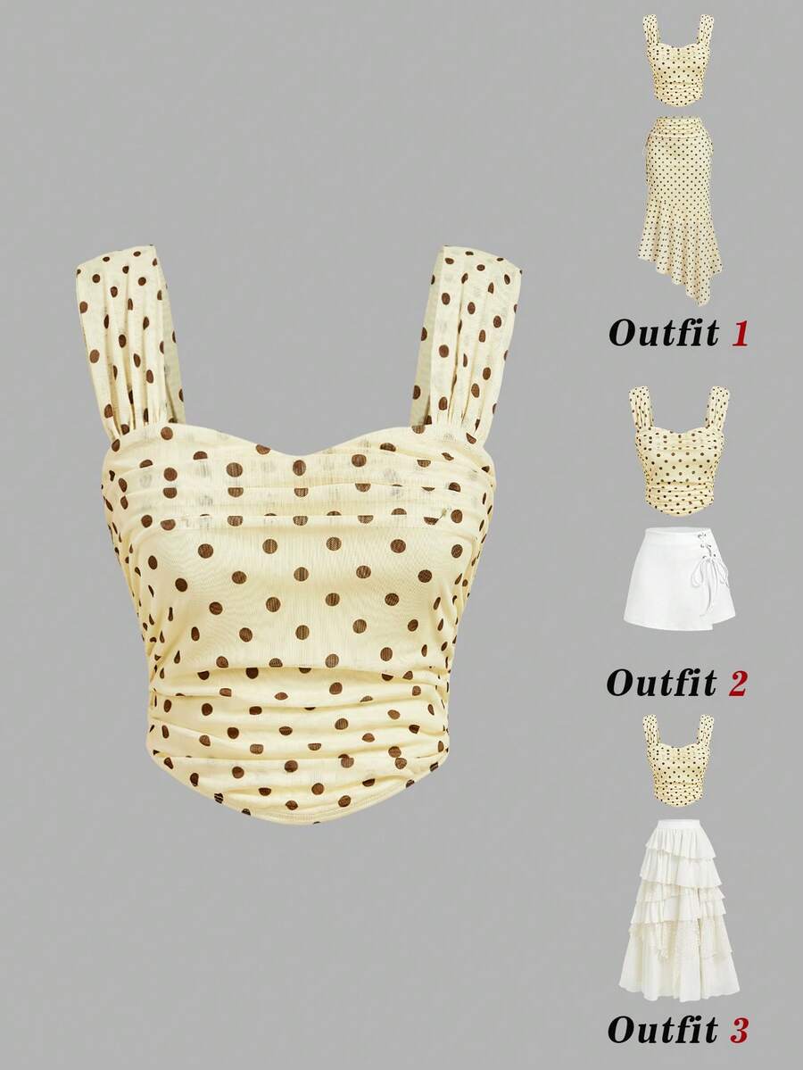 SHEIN MOD Women Polka Dot Ruched Mesh Crop Tank Top Sweetheart Neck Cami Sleeveless For Summer Fashion,Polka Dot Top - Light Yellow - View 1
