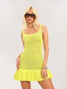 Dancing Leopard Yellow Knit Square Neck Peplum Mini Dress, Knit Dress Women, Holiday Dress, Date Night Dress, Smart Casual Outfit, Layering Piece Women, Cosy Outfits - Yellow - View 3