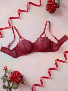 Elorette 1pc Plus Size Mesh Embroidered Underwire Bra - Burgundy - View 4