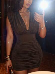 SHEIN SXY Women's Elegant Dark Brown Pleated Sexy Hot Girl Dress Club Night Out Summer - Brown - View 3
