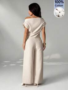 SHEIN PETITE 女款夏季新品簡約優雅日常休閒亞麻通勤寬領露肩上衣與寬腿褲套裝，夏季女裝套裝，適合嬌小女性 - 杏色 - 查看 2
