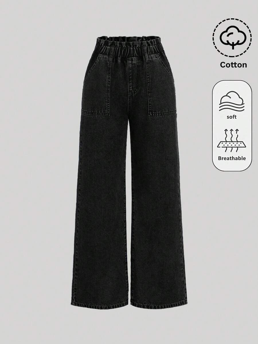 SHEIN Girlism 少女女孩黑色牛仔寬鬆長褲,荷葉邊飾邊,秋冬萬聖節 Y2K 畢業返校穿搭 - 黑色 - 查看 1