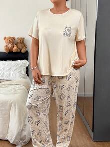 Napfluff CURVE Napfluff CURVE Set Piyama Kasual Ukuran Besar dengan Motif Beruang Kartun, Kerah Bulat, Lengan Pendek, dan Celana Panjang, Bahan Rajut, dan Celana Panjang. - Aprikot - View 5