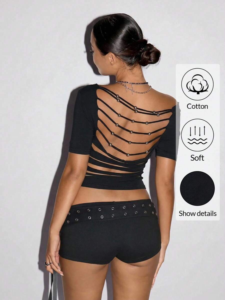 SHEIN ICON Y2K 女款萬聖節性感黑色純色修身百搭日常穿著短袖上衣