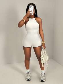 BamGleam Seamless Knit Trim Contrast Color Sexy Jumpsuit Bodysuits For Women Romper Club Summer , Vacation Halter Neck Tummy Control Shapewear - Beige - View 6