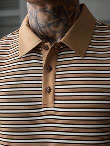 Manfinity Homme Men's Contrast Collar Textured Knit Striped Polo Shirt, Men Retro Casual Short Sleeve Street Top - Multicolor - View 3