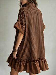 Glimmora Women's Fashion Printed Striped Patchwork Short Sleeve Single-Breasted Loose Fit Dress - Brown - View 2