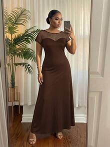 SHEIN Lady CURVE 大尺碼女款網格拼接休閒派對與旅行洋裝 - 棕色 - 查看 5
