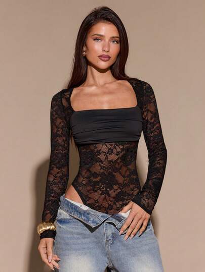 SHEIN BAE Autumn/Winter Solid Black Strapless Lace Patchwork Sexy Sheer Long Sleeve Women's Bodysuit, Summer Black Spaghetti Strap Lace Bodysuit, Sexy Bodysuit For Going Out