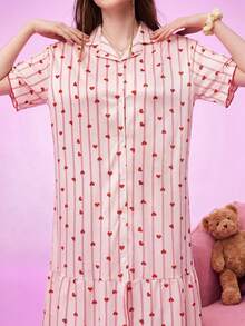 Notgurli Women's Heart Stripe Print Cardigan Short Sleeve Nightgown - Multicolor - View 7