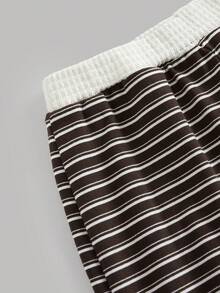 SHEIN 青少年女孩秋季復古歐美風 POLO 領拼接撞色條紋寬鬆休閒學院風長袖 T 恤與寬鬆直筒長褲 2 件套，適合日常休閒通勤百搭，返校穿搭 - 咖啡棕 - 查看 6