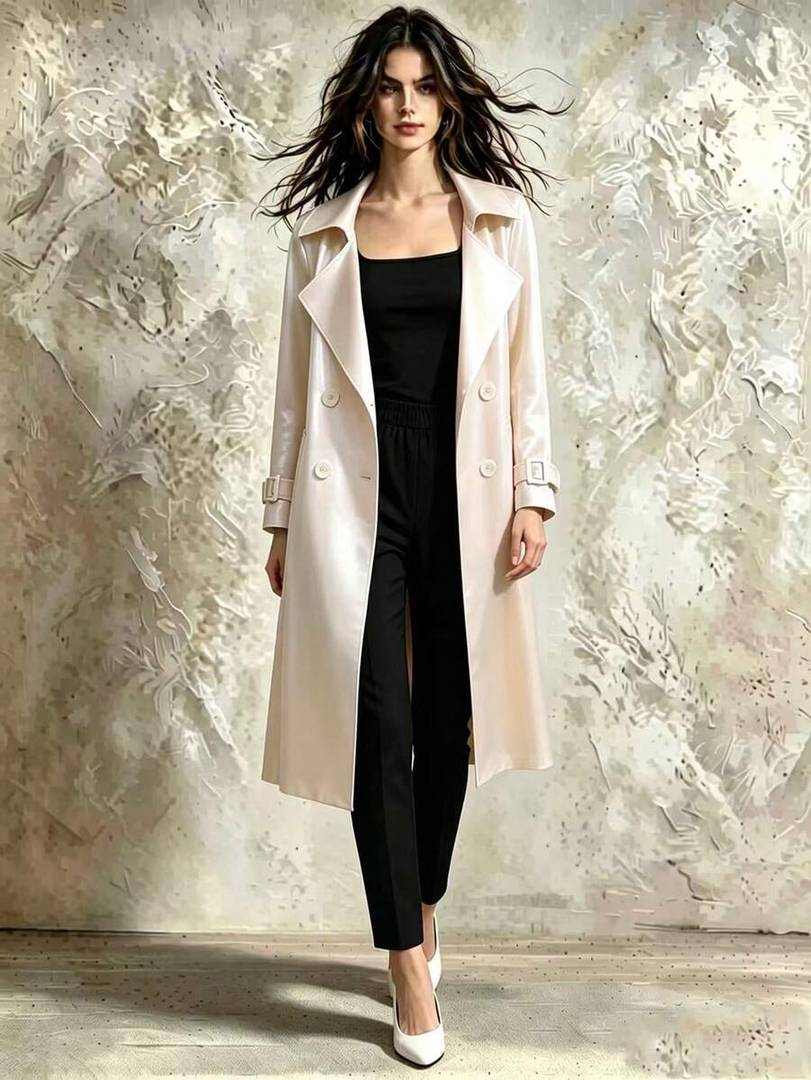Franclia 女士简约优雅纯色宽翻领双排扣风衣,秋季新款,适合冬季、圣诞节、新年等节日穿着。 - 杏色 - 查看 1