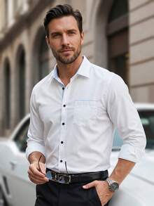 Calvornis Contrast Trim Front Button Business Casual Long Sleeve Formal Shirt Men Casual White Contrast Light Blue Dress Shirt, For Fall, Ceremony - White - View 4