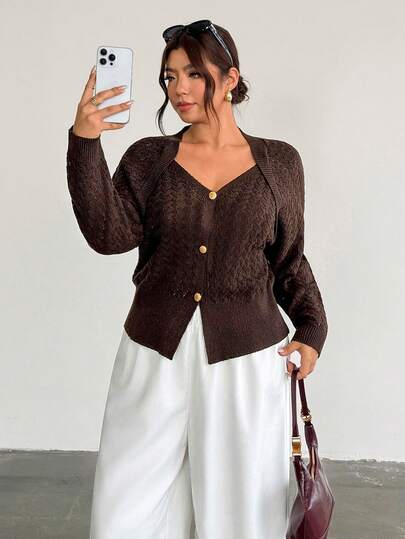 Firerie Cardigan Rajut Kasual Lengan Panjang Kancing Depan Warna Polos untuk Wanita Ukuran Plus, Desain Elegan Mode Musim Semi/Gugur, Gaya Komuter Sederhana dan Serbaguna