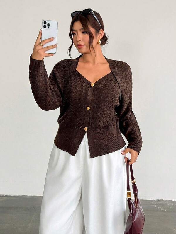 Firerie Cardigan Rajut Kasual Lengan Panjang Kancing Depan Warna Polos untuk Wanita Ukuran Plus, Desain Elegan Mode Musim Semi/Gugur, Gaya Komuter Sederhana dan Serbaguna