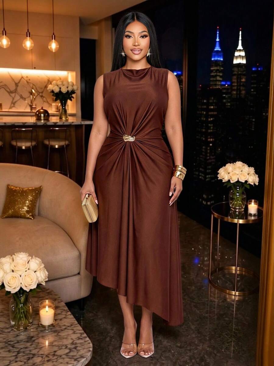 SOLERSUN Plus Size Women Solid Color Elastic Waist Pleated Asymmetric Elegant Dress, Suitable For All Seasons - Coffee Brown - View 1