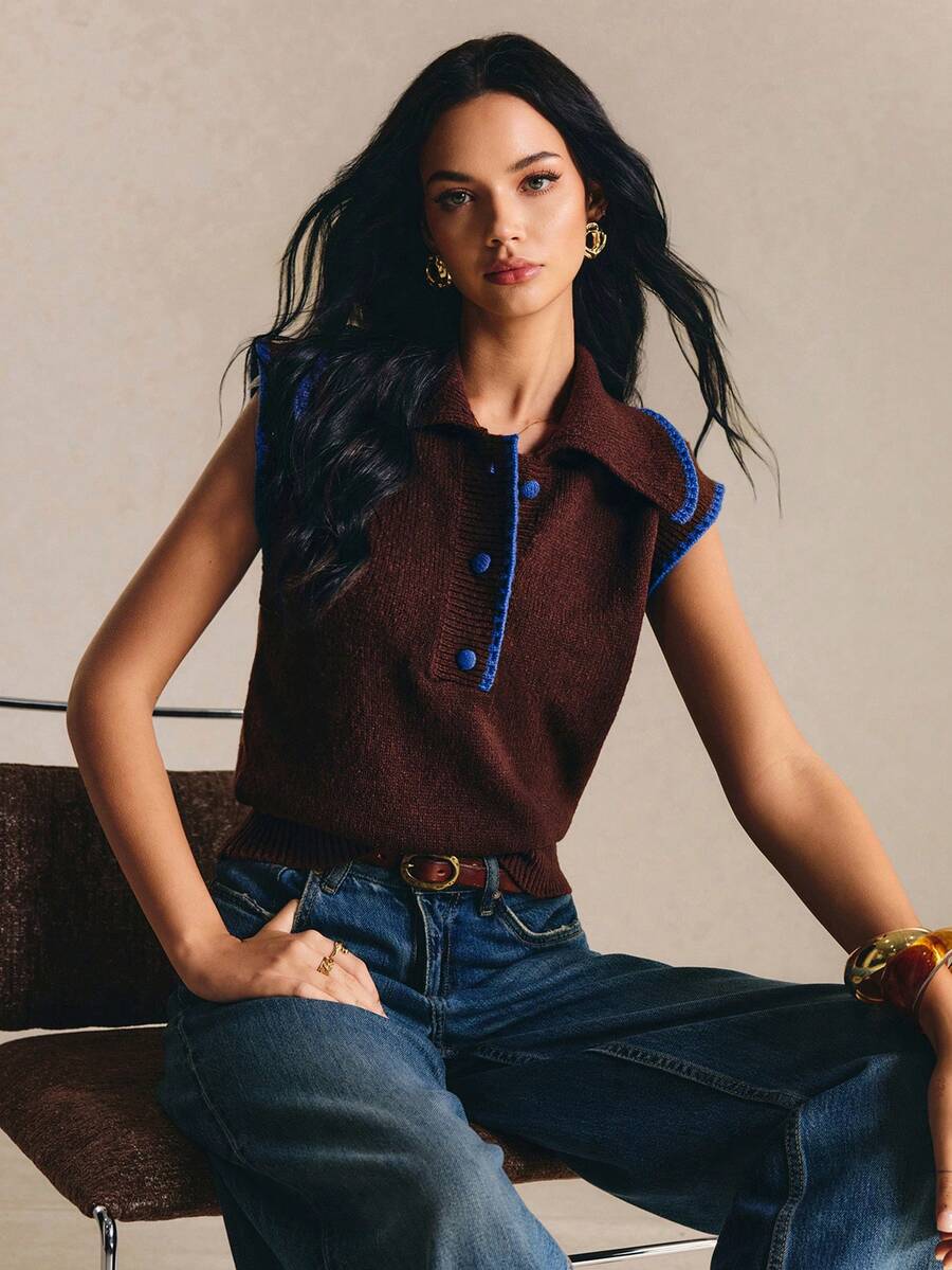 Poéselle 女款拼色 Polo 領休閒百搭針織背心 - 彩色 - 查看 1