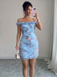 Selianne Women's Light Pink Spring/Summer Off-The-Shoulder Elegant Romantic Mesh Printed Ruched Waist Short Dress, Suitable For Wedding Season, Party, Date, Shopping And Other Occasions - Blue - View 7