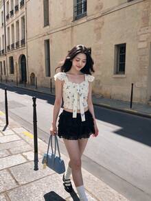 SHEIN MOD Women Summer Floral Print Ruffle Trim Tank Top - White - View 6