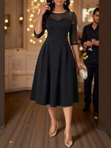 SHEIN Lady Women's Patchwork Rhinestone Mesh 3/4 Sleeve Elegant Midi Dress - Black - View 4