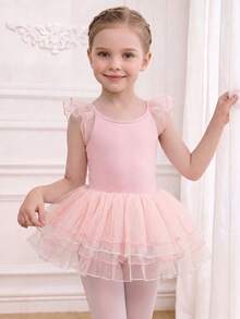 SHEIN Vestido de Tutú de Ballet para Niñas Jóvenes, Leotardo con Mangas de Malla de Color Contrastante para Danza Otoño Invierno - Rosa Pálido - Ver 5