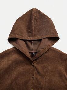 Linhara Spring/Autumn Corduroy Brown Hooded Mid-Length Casual Commute Plus Size Jacket With Pockets - Brown - View 5