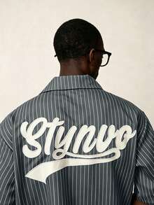 STYNVO 男士字母刺繡條紋短袖休閒襯衫 - 灰色 - 查看 5
