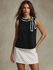 SHEIN Franclia 女款夏季優雅透氣對比滾邊無袖背心上衣與波點印花裙 - 黑與白 - 查看 1