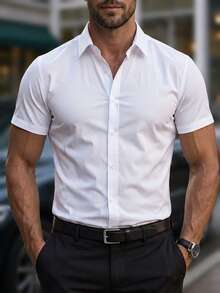 Manfinity Mode Men Casual Solid Plain Button Up Short Sleeve Dress Shirt, For Work, Business, Formal, Ceremony - White - View 1