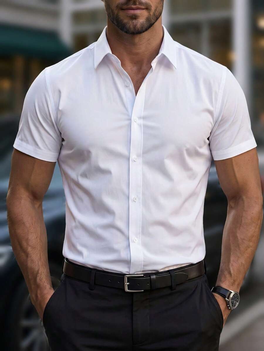 Manfinity Mode Men Casual Solid Plain Button Up Short Sleeve Dress Shirt, For Work, Business, Formal, Ceremony - White - View 1
