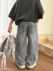 SHEIN Little Byeori 小男孩休閒日常旅行牛仔褲，附口袋與鈕扣 - 淺灰色 - 查看 2