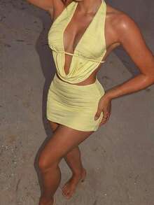 Sirith Setelan Liburan Wanita 2 Potong Atasan Halter Leher Berpotongan Rendah dan Rok Mini Bodycon - Kuning - View 6