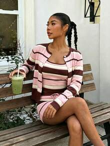 Muchica 女款休閒簡約不對稱粉色與棕色條紋滿版印花針織三件套，適合春夏季，女款夏季穿搭 - 彩色 - 查看 7