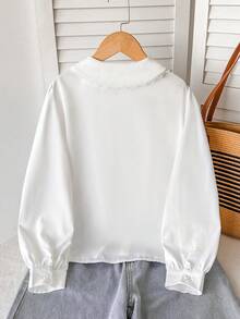 SHEIN 青少年女孩休閒日常外出法式優雅學院風對比色大蝴蝶結燈籠袖長袖修身襯衫，返校季經典百搭上衣 - 白色 - 查看 3