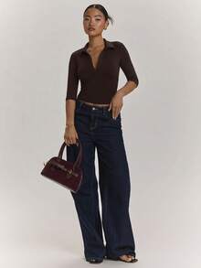SHEIN BAE 女款休閒優雅極簡通勤上班短袖 Polo 領上衣，梅紅色上衣，紫色上衣，藕紫色上衣，外出上衣，休閒上衣，辦公室上衣，教師上衣 - 咖啡棕 - 查看 3