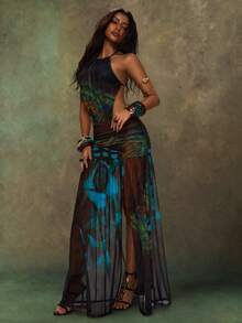 TypaGal Summer Fall  Luxury Balck Luxury Boho Festival Y2K Holiday Ibiza Sexy Going Out Carnival Party Beach Vacation Butterfly Print Women Maxi Dresses - Multicolor - View 4