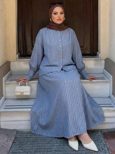 Dazy Plus Loose Casual Striped Shirt & Long Skirt 2 Pieces Set, Fun Commute Style, Spring/Autumn New Blue