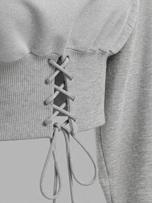 SHEIN EZwear 淺灰色女款標語腰部綁帶設計連帽衛衣 - 淺灰色 - 查看 4