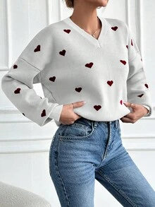EURMUSE Heart Pattern Drop Shoulder Sweater - Beige - View 5