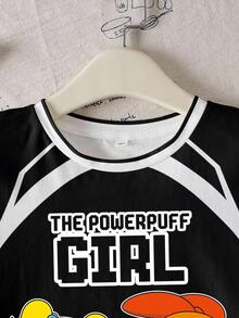 THE POWERPUFF GIRLS X SHEIN 青少年女孩字母卡通印花休閒百搭日常短袖T恤 - 白色 - 查看 3