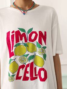Chillnights Camiseta de cuello redondo con estampado de eslogan de limón, estilo streetwear casual, top de pijama para mujer - Blanco - Ver 3