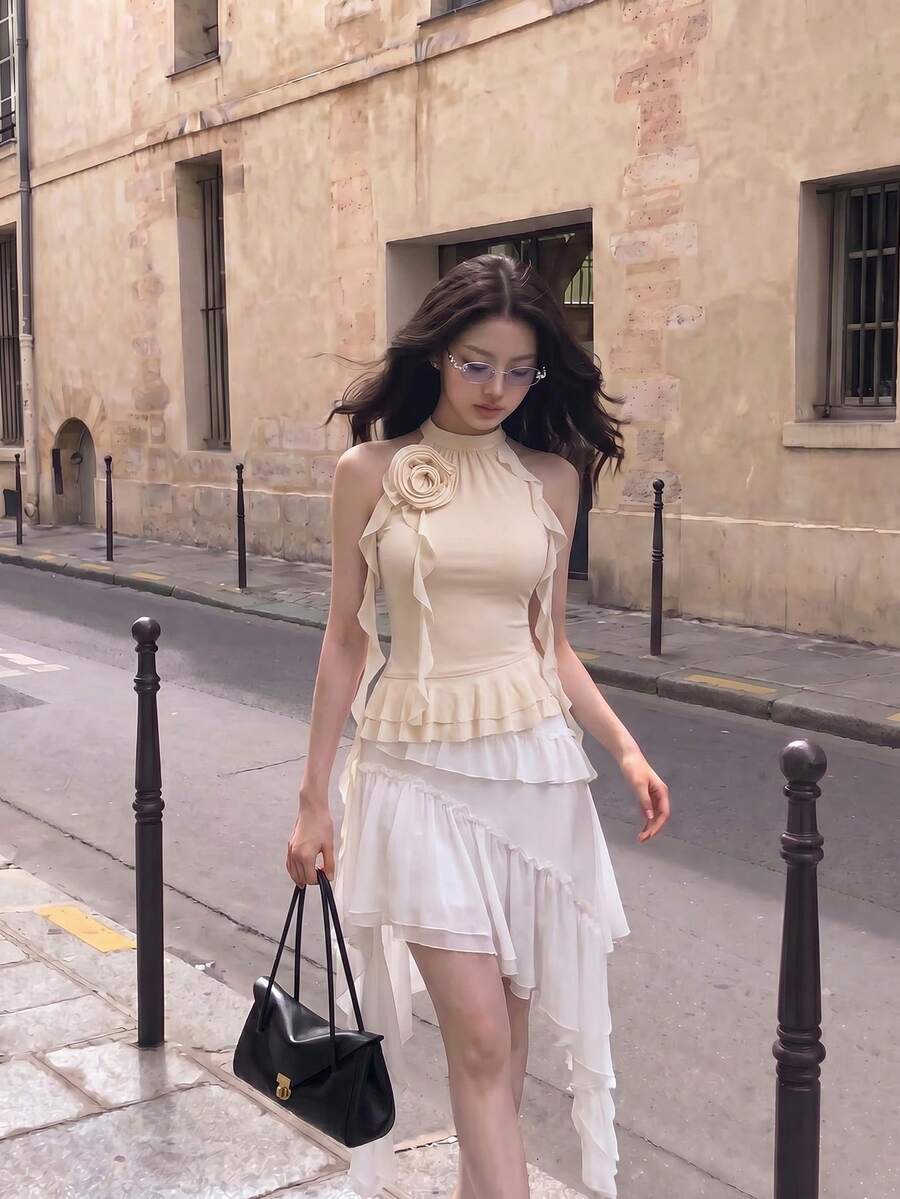 SHEIN MOD Vintage 3d Flower Design Halter Neck Slim Fit Top With Fluttering Ribbons, Apricot Color - Apricot - View 1