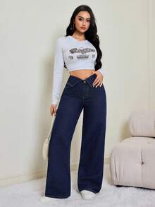 SHEIN Tween女孩女童深藍色牛仔設計腰部寬鬆長褲，適合萬聖節、世界盃、畢業季、休閒、返校季、夏季、冬季、秋季 - 藍色 - 查看 4