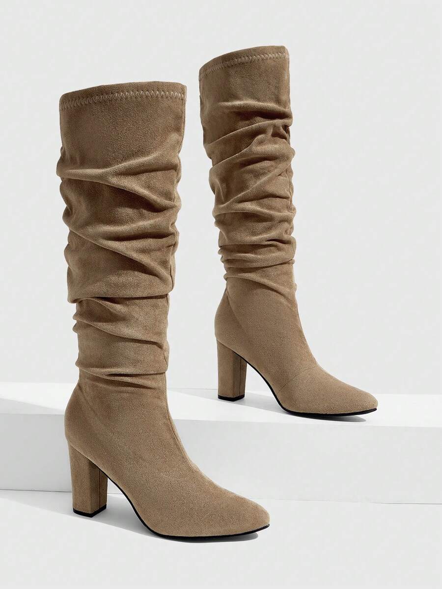 CUCCOO SZL Commuting Casual Solid Color Chunky Heel Women Knee-High Boots For Christmas - Light brown - View 1