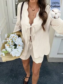 Serisse Women's Elegant 100% Cotton Solid Color Two Piece Set Tie Front Long Sleeve Top And Scallop Shorts Teachers' Day Office Brunch Back To School Autumn - Apricot - View 8