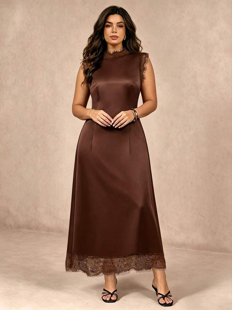 Juhart Lace Patchwork Acetate Satin Waist-Cinching Long Sleeveless Dress - Coffee Brown - View 1