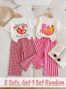 SHEIN Baby Girl Knit Solid Color Strawberry Pattern Round Neck T-Shirt And Plaid Long Pants 2pcs Set - Red and White - View 1